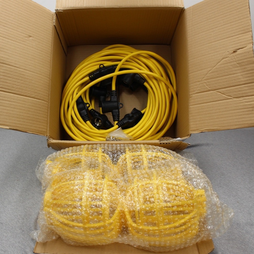 Power Phase Light String 100ft Yellow Temporary Outdoor 12/3 AWG 10 Socket